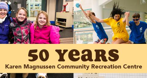 Photos of three people in the arena and a group of kids jumping into the pool