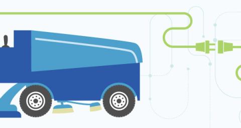 Graphic of an ice resurfacing machine and electric plug.