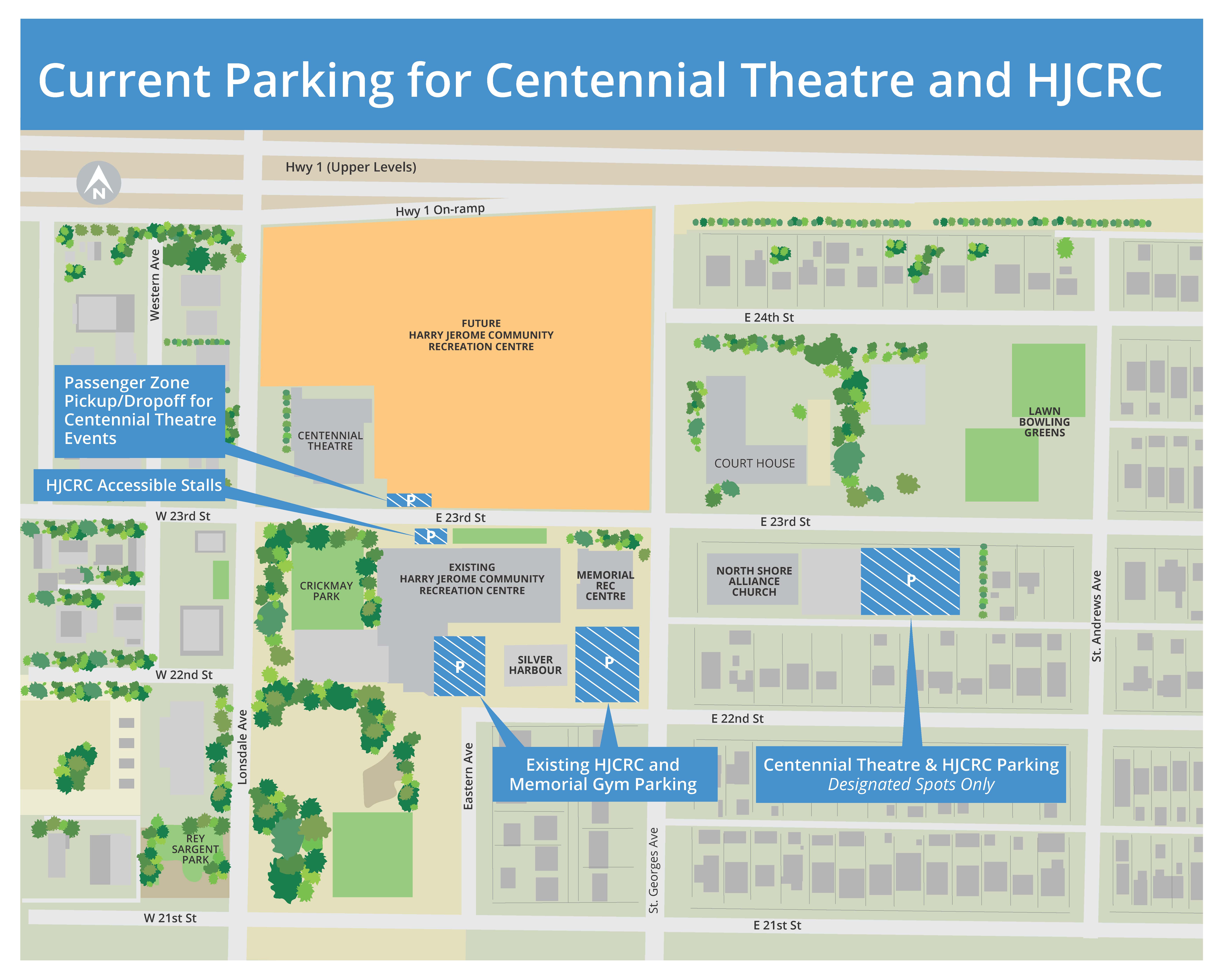 Parking map for Centennial Theatre and Harry Jerome Community Recreation Centre