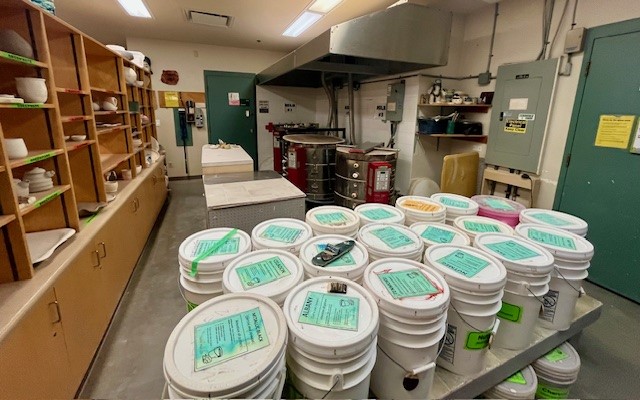 Interior of the pottery studio at the Parkgate Community Centre kiln and glaze room. 