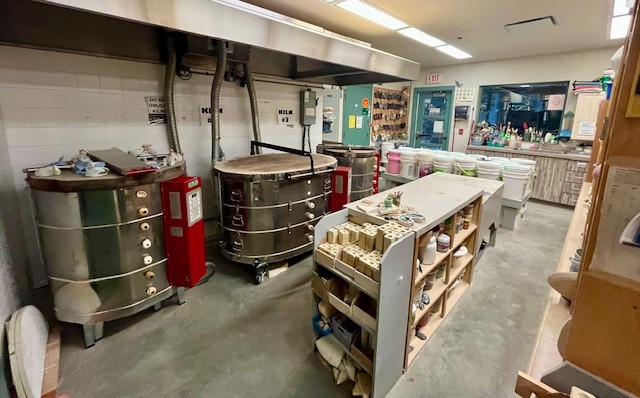Interior of the pottery studio at the Parkgate Community Centre kiln and glaze room. 