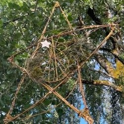 Stars of the Neighbourhood A woven willow star hangs from a tree in a park.