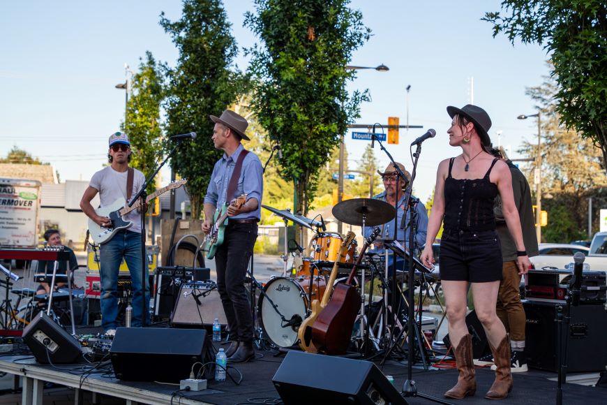 A band performs on a stage in Seylynn Park. 