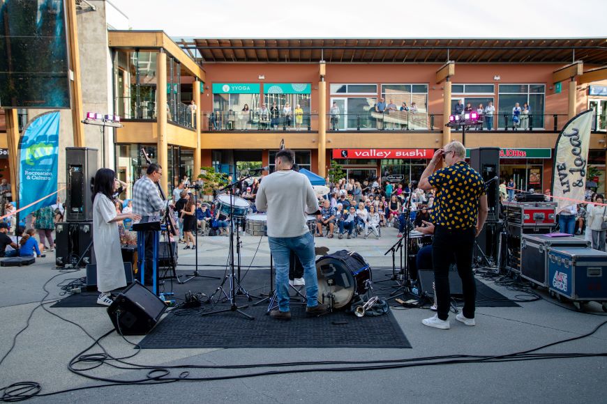 A view from behind the band, looking out on the audience in Lynn Valley Village. 