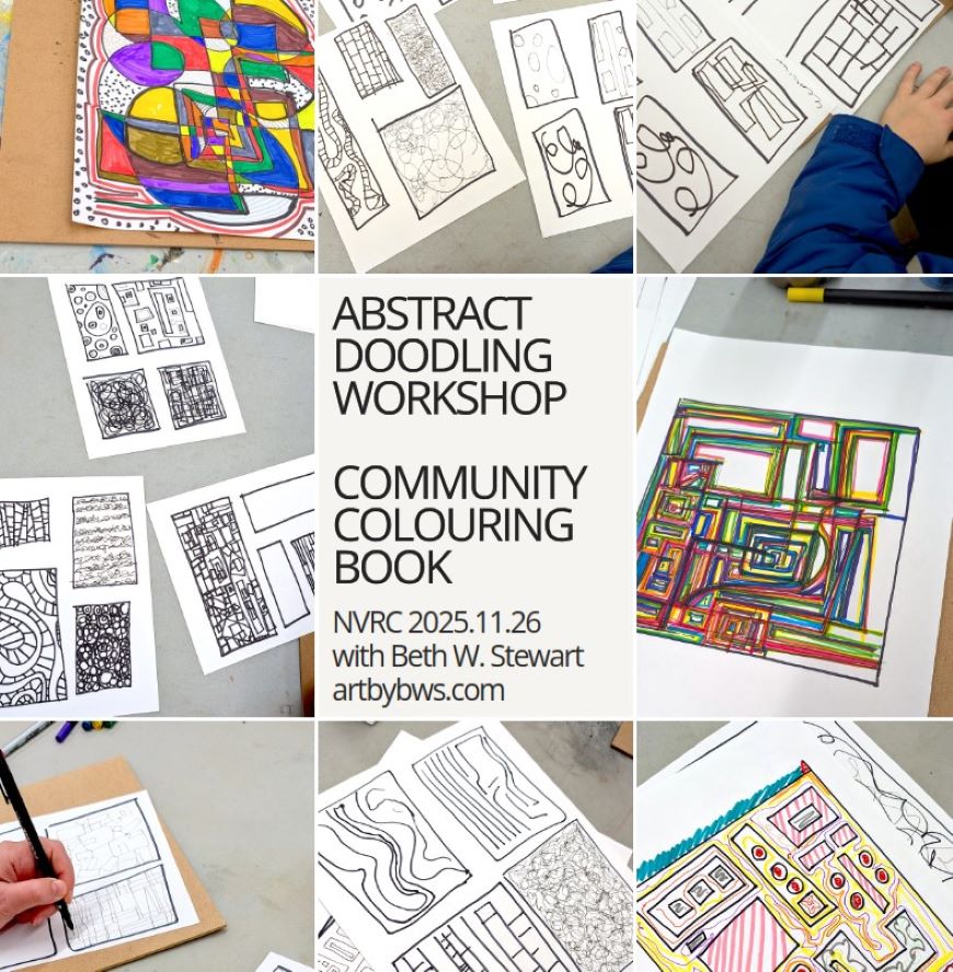 Abstract doodle examples on white paper from a community art abstract doodling workshop.