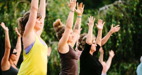 A group of people doing outdoor yoga in the park