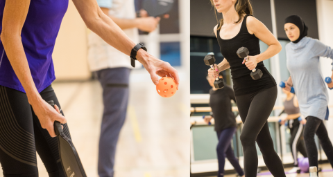 A woman playing pickleball and two people participating in a fitness class.