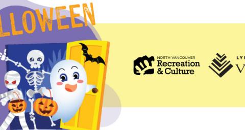 A mummy, skeleton, and ghost trick-or-treating below the word "Halloween". The image has both the North Vancouver Recreation and Culture and the Lynn Valley Village logos on it.