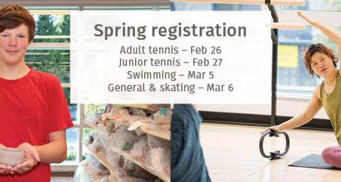 Spring registration dates and times superimposed on an an image of a pottery class and an image of a Pilates class. 