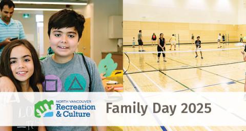 Families enjoying Family Day activities, including an art workshop and raquet sports.