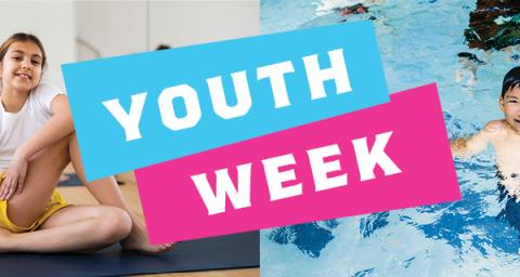 Youth week banner with photo of preteen girl doing yoga and preteen boy swimming in a pool