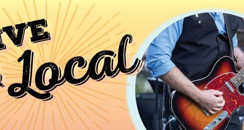 A man plays an electric guitar on a stage. Text says "Play at our 2026 Live & Local Concerts"