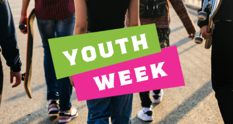 Youth week banner with a photo of teens walking with skateboards. 