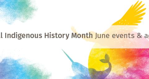 A text banner reads "National Indigenous History Month: June events & activities" on top of a watercolour-style decorative image of a eagle, narwhal, fiddle and setting sun.