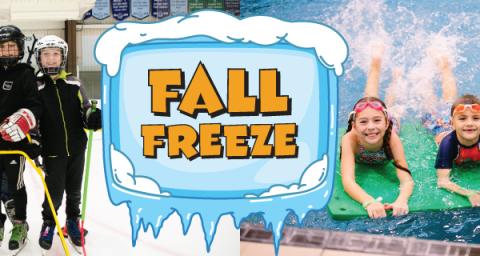 Photos of a family skating and children swimming superimposed with a text graphic that reads: "Fall Freeze"