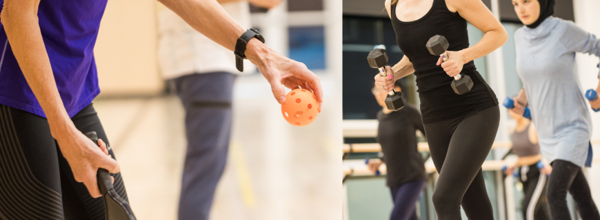 A woman playing pickleball and two people participating in a fitness class.