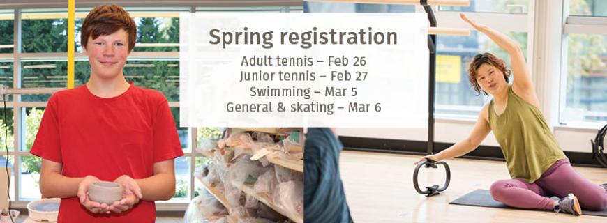 Spring registration dates and times superimposed on an an image of a pottery class and an image of a Pilates class. 