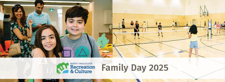Families enjoying Family Day activities, including an art workshop and raquet sports.