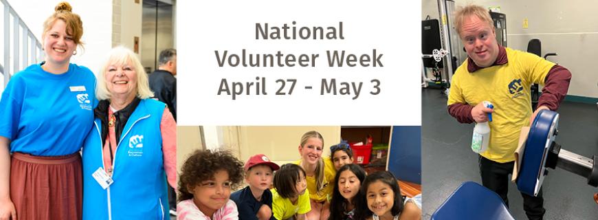 NVRC volunteers at a community event, doing an activity with kids a a summer camp, and keeping fitness equipment clean.