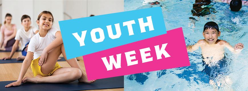 Youth week banner with photo of preteen girl doing yoga and preteen boy swimming in a pool