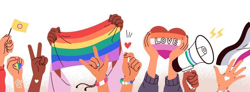 Graphic of hands holding rainbow flags and love signs.