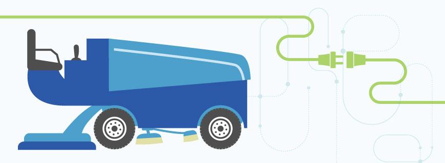 Graphic of an ice resurfacing machine and electric plug.