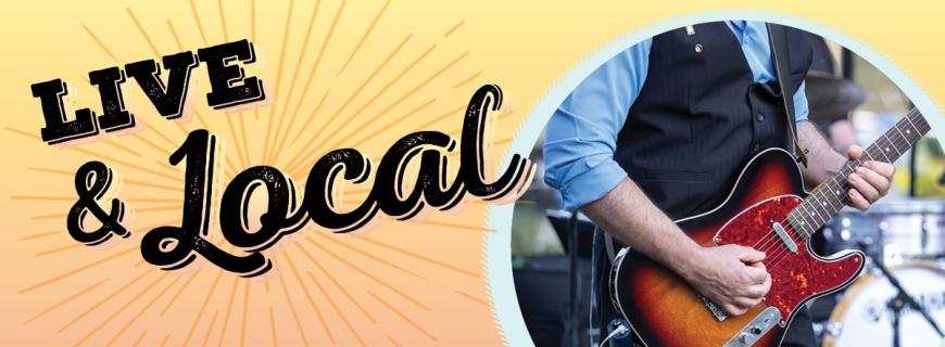 A man plays an electric guitar on a stage. Text says "Play at our 2026 Live & Local Concerts"