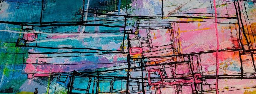 Abstract painting featuring blues, pinks, oranges and greens overlaid with black interconnecting lines and cubes. 