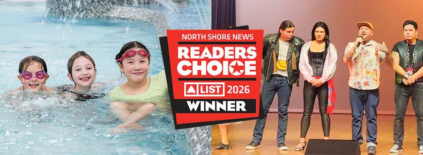 A group of kids in a pool, a group of performers on a stage