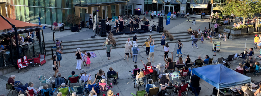 A crowd enjoys an oven air concert in a busy public plaza. 