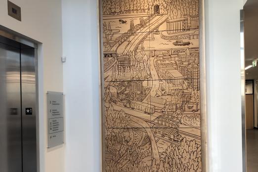 Wood mural of neighbourhood