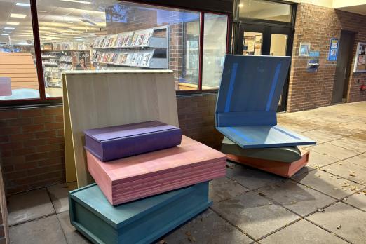 Wooden Sculpture of Books, in North Vancouver 