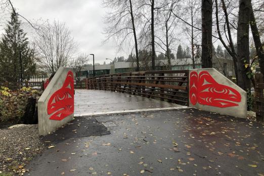 Red Salmon Panels on foot bridge (indigenous art)