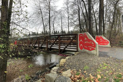 Red Salmon Panels on foot bridge (indigenous art)