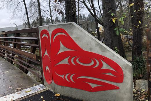 Red Salmon Panels on foot bridge (indigenous art)
